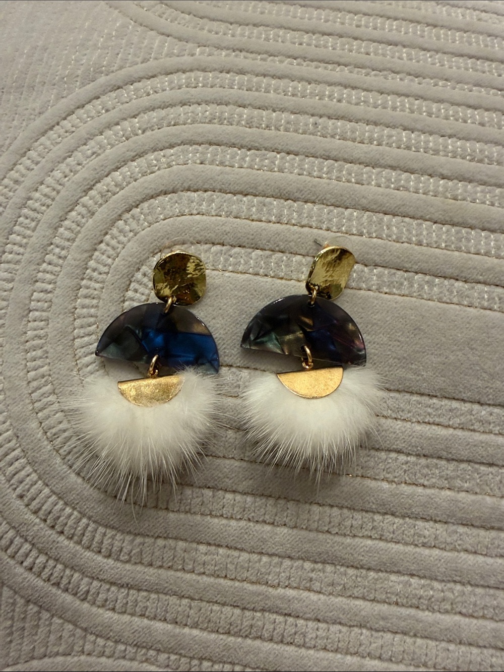 Gold & Blue Statement Drop Earrings with White Fur Pom